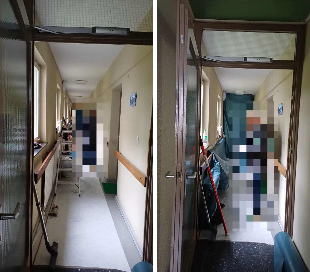 Zwei Fotos desselben Flurs vom selben Standort: links offenes Flurende mit Leiter und Werkzeug, rechts eine Folienwand vom Boden bis zur Decke am Flurende